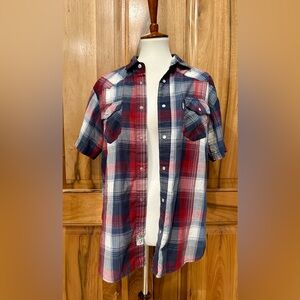 Levi’s - Red, White & Blue Plaid Shortsleeved Western-Style Shirt - VGUC - M